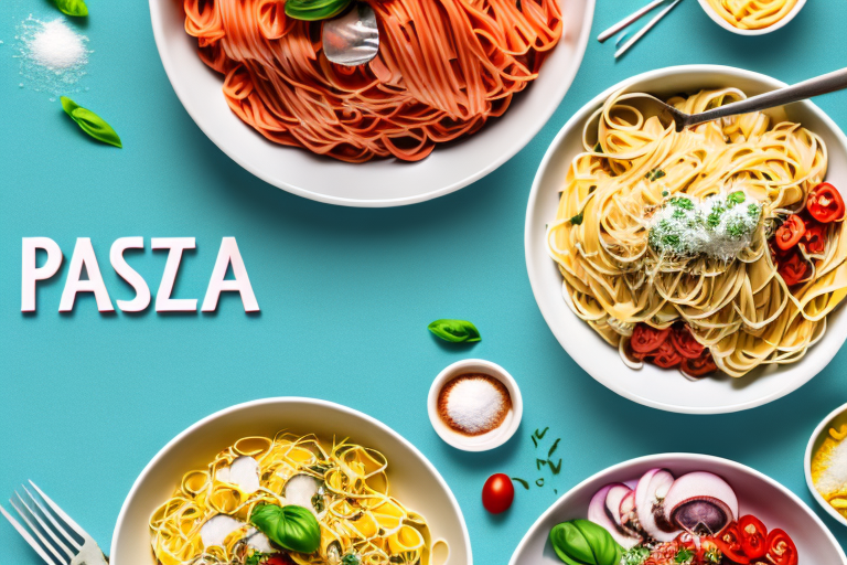 A bowl of colorful pasta with a variety of fresh ingredients scattered around it