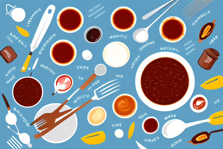 A bowl of homemade bbq sauce with ingredients and utensils around it