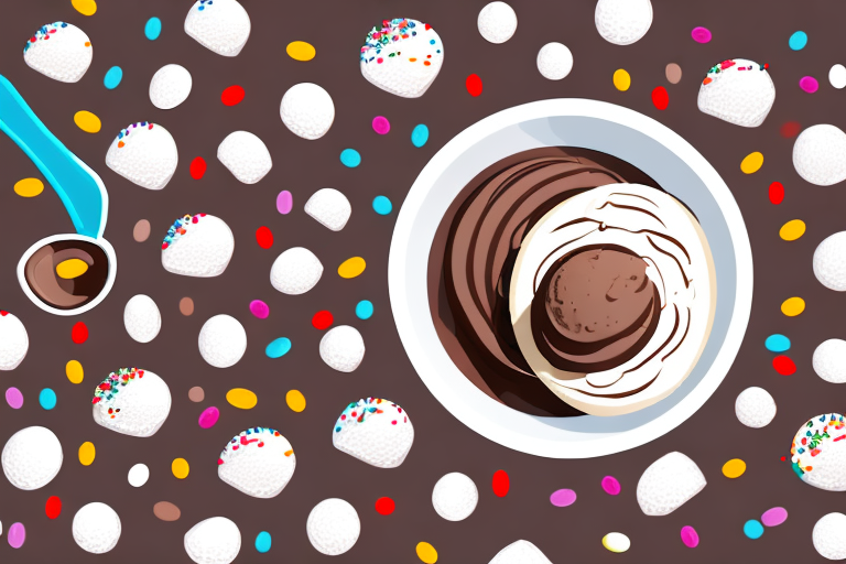A bowl of chocolate ice cream with a scoop and sprinkles