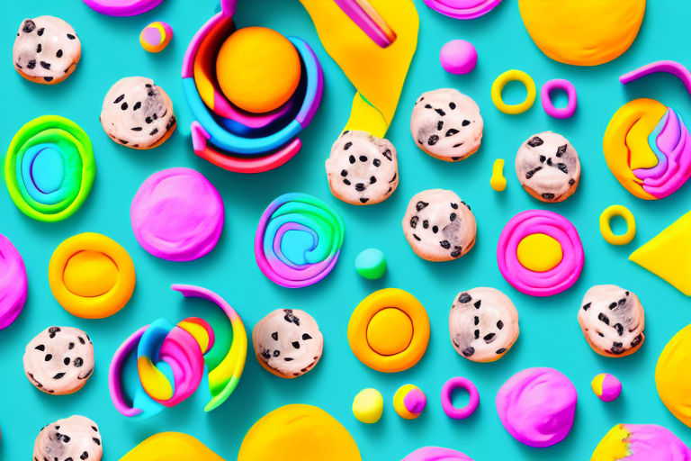A bowl of brightly-colored playdough with a rolling pin and cookie cutters