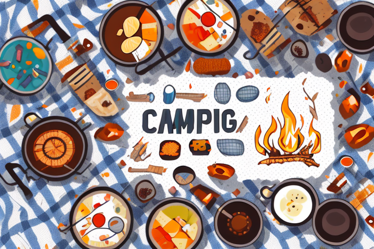 A campfire with a variety of camping breakfast ingredients laid out on a picnic blanket