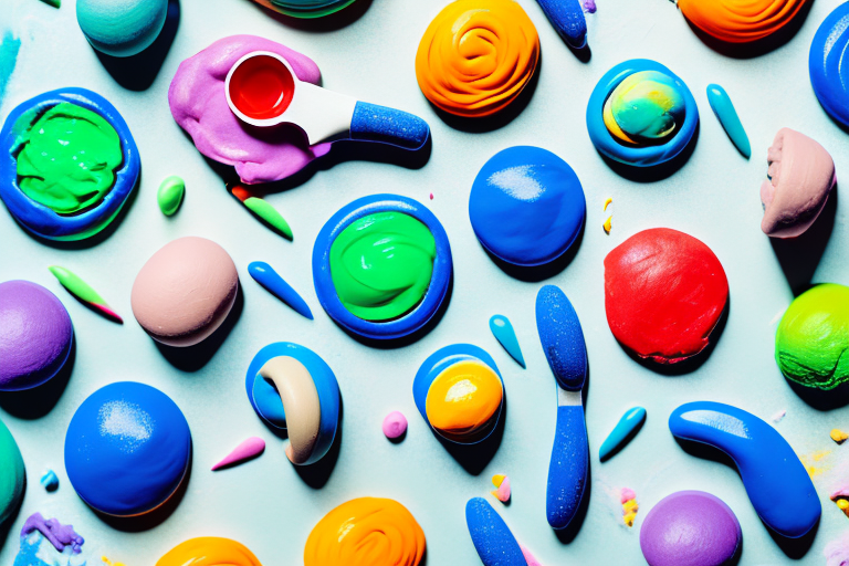 A bowl of colorful playdough with a rolling pin and other tools for shaping the dough