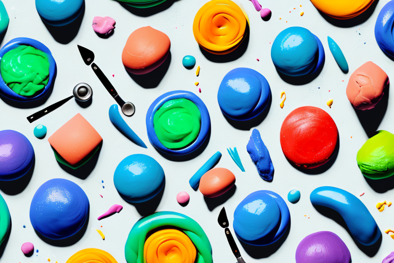 A colorful bowl of playdough with a rolling pin and other tools for shaping it