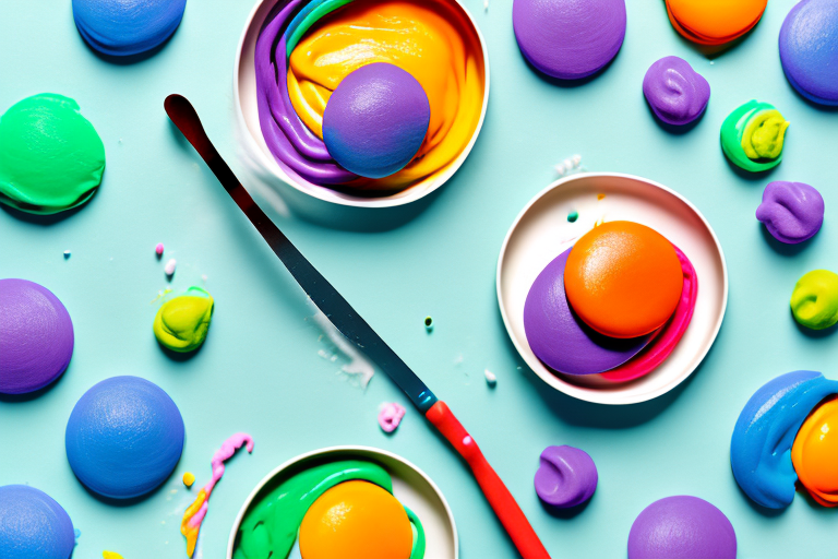 A bowl of colorful playdough with a rolling pin and a spoon