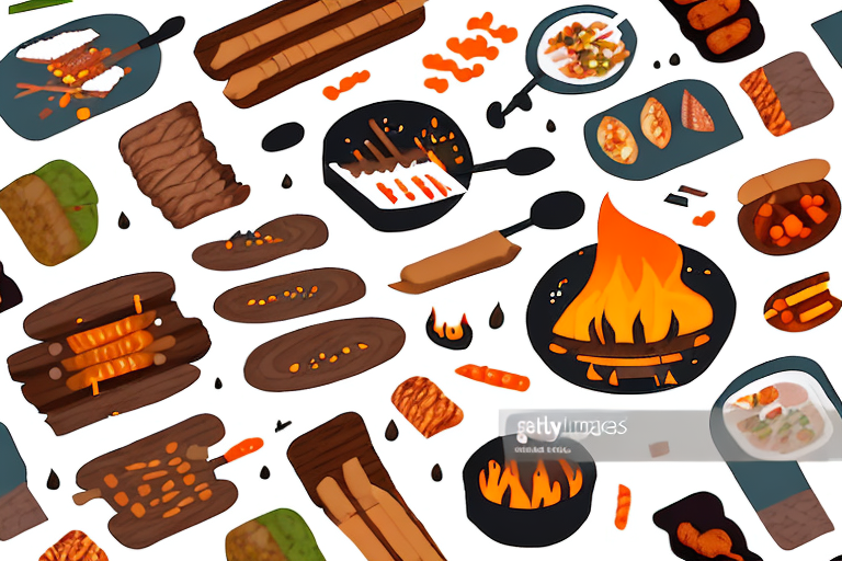 A campfire with a variety of food items to represent easy camping food that doesn't require cooking