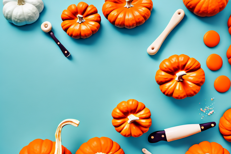 A bowl of orange pumpkin playdough with a rolling pin and other baking tools