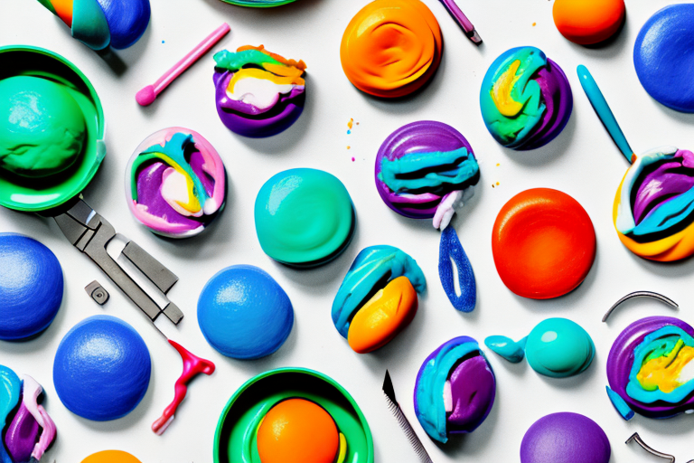 A bowl of colorful playdough with a few tools for shaping it