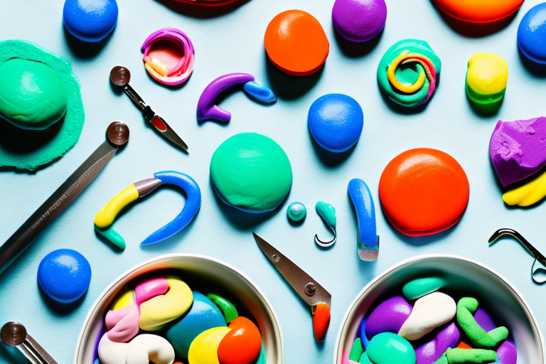 A colorful bowl of playdough with a few simple tools to show how to make it