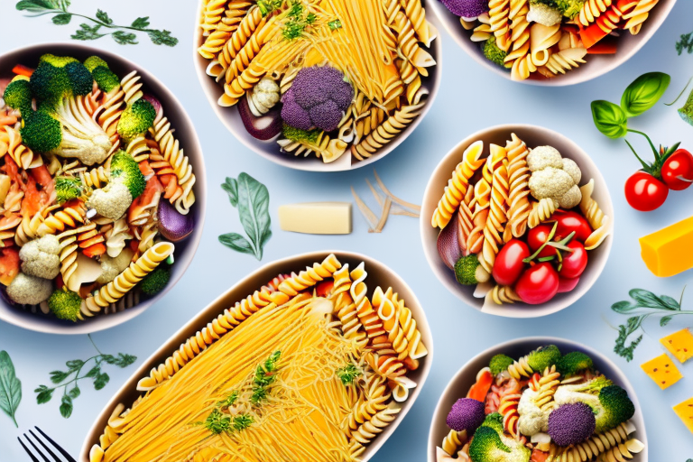 A bowl of pasta bake with colorful vegetables and cheese