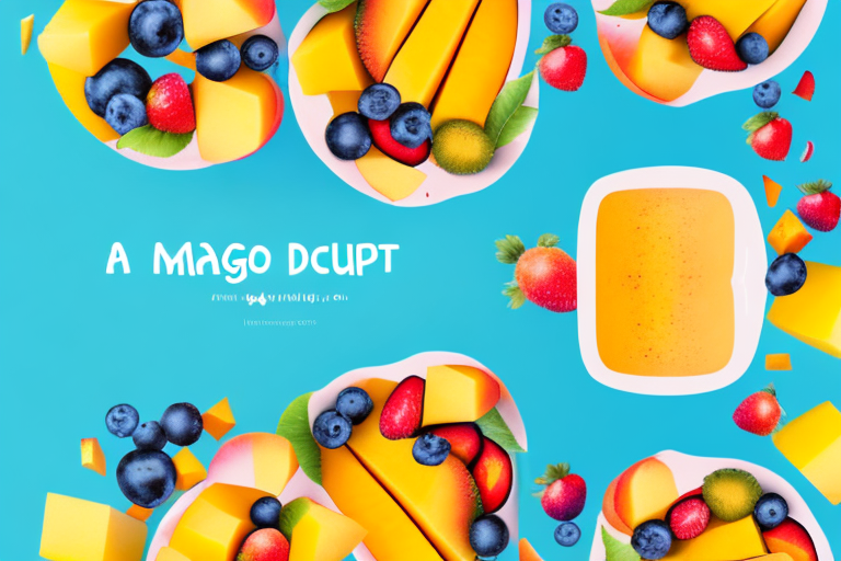 A colorful mango dessert cup with a variety of fresh fruits and toppings