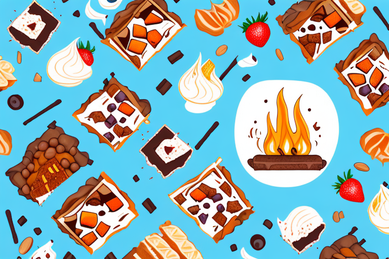 A campfire with a variety of desserts cooking over it