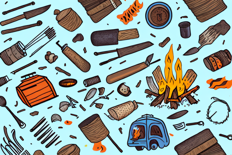 A campfire with a variety of camping-friendly ingredients and utensils around it