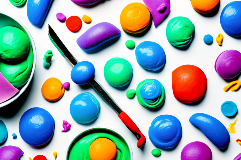 A colorful bowl of playdough with a rolling pin and other tools for shaping it