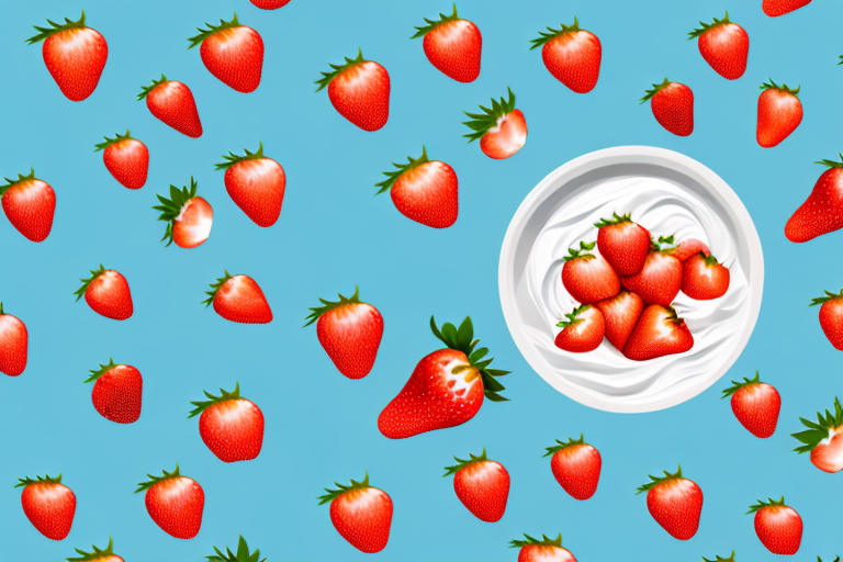 A bowl of freshly cut strawberries with a dollop of whipped cream on top