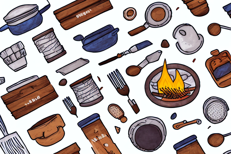 A campfire with various ingredients and utensils for making no-cook meals