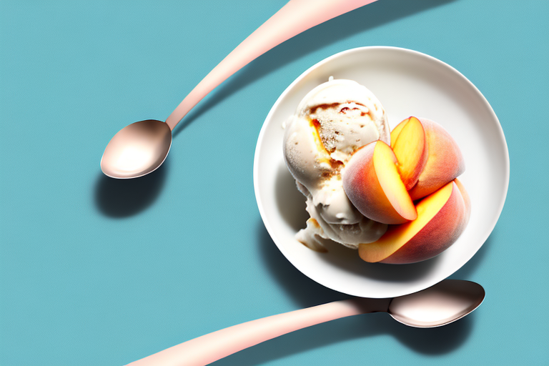 A bowl of peach ice cream with a spoon in it