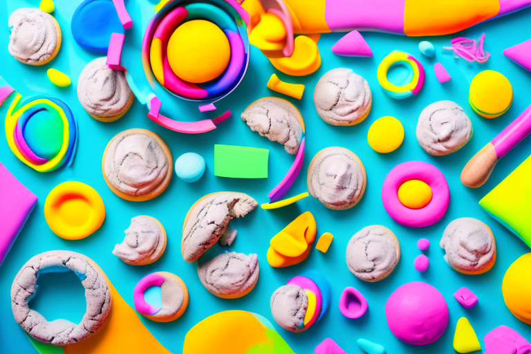 A bowl of brightly-colored play dough with a rolling pin and cookie cutters