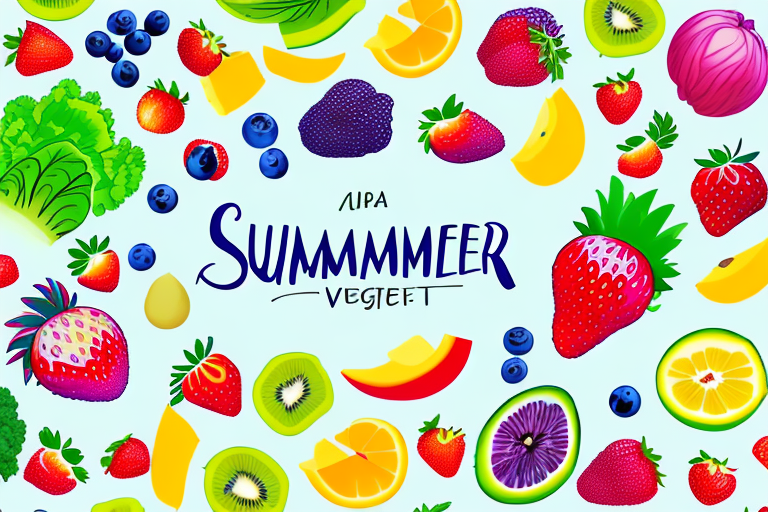 A variety of summer fruits and vegetables arranged in a colorful