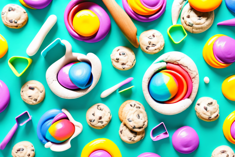 A bowl of colorful playdough with a rolling pin and cookie cutters