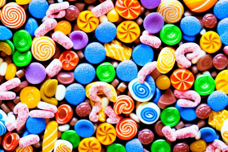 A variety of colorful candy pieces arranged in a creative pattern