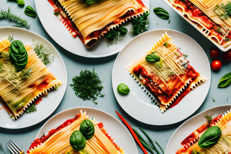 A plate of layered lasagna noodles with a variety of colorful vegetables and herbs