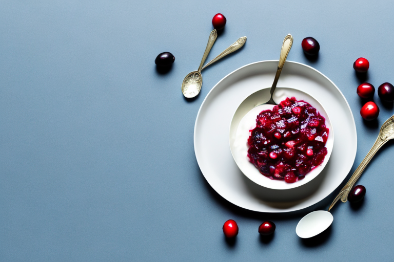 A bowl of freshly-made cranberry relish with a spoon