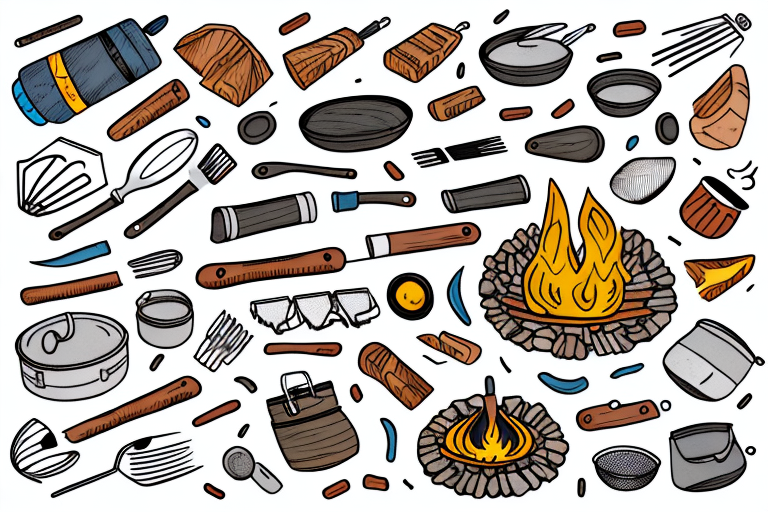 A campfire with various camping cooking utensils and ingredients around it