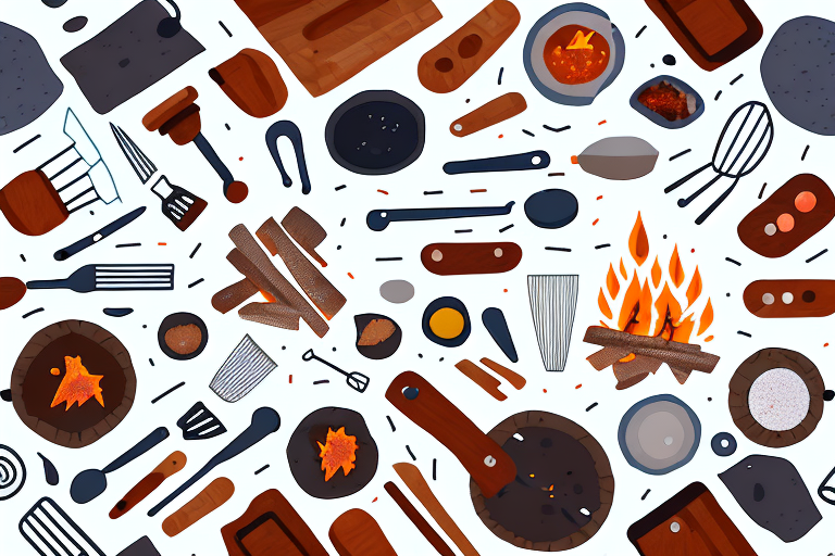 A campfire with a variety of ingredients and cooking utensils around it