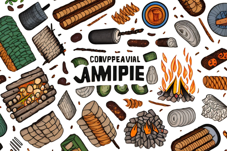 A campfire surrounded by a variety of vegetarian camping food items