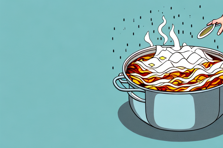 A pot of boiling water with lasagna noodles floating in it