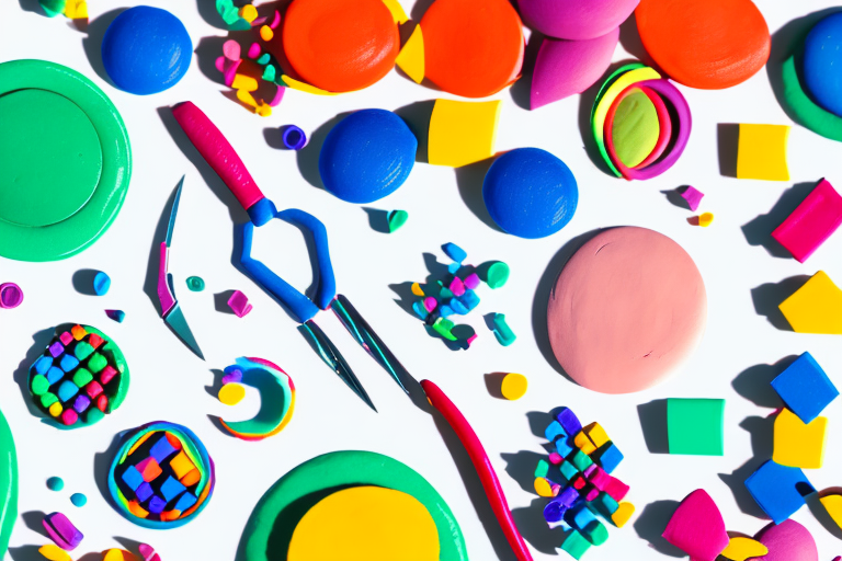 A colorful array of playdoh shapes and tools