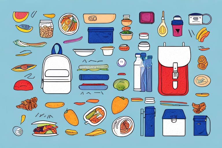 A backpack with a variety of no-cook lunch items spilling out of it