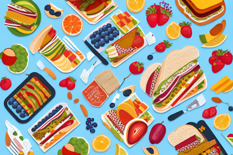 A picnic blanket with a selection of picnic food items