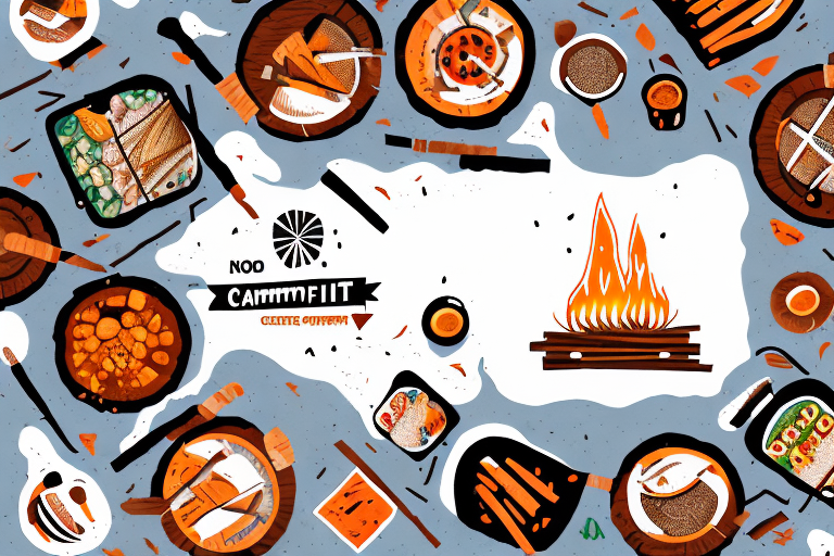 A campfire with a variety of no-cook camping meals laid out around it