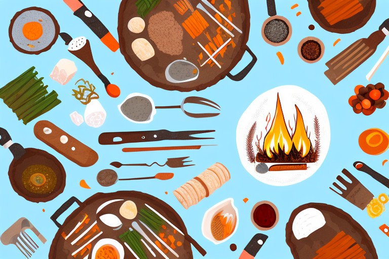 A campfire surrounded by various ingredients and utensils for a no-cook camp meal