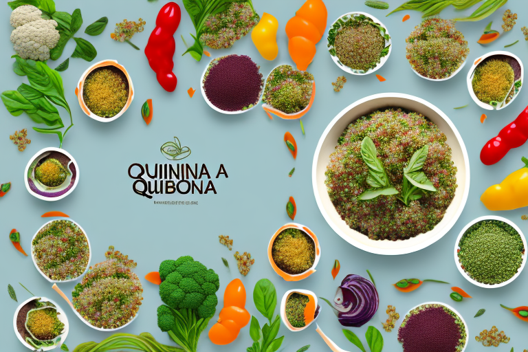 A bowl of quinoa with a variety of colorful vegetables and herbs around it