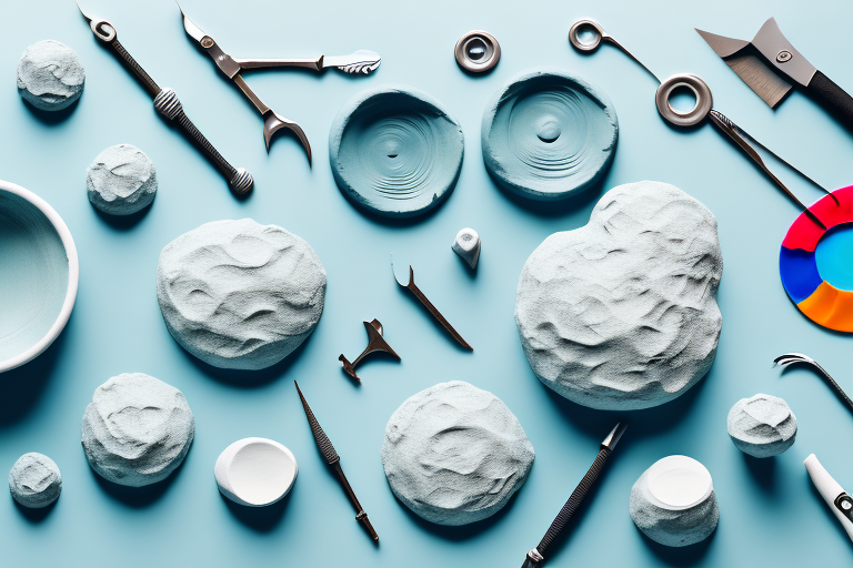 A bowl of air dry clay with a variety of tools for sculpting