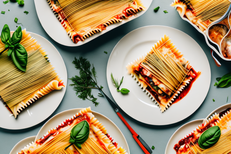 A plate of layered lasagna noodles with a variety of colorful vegetables and herbs