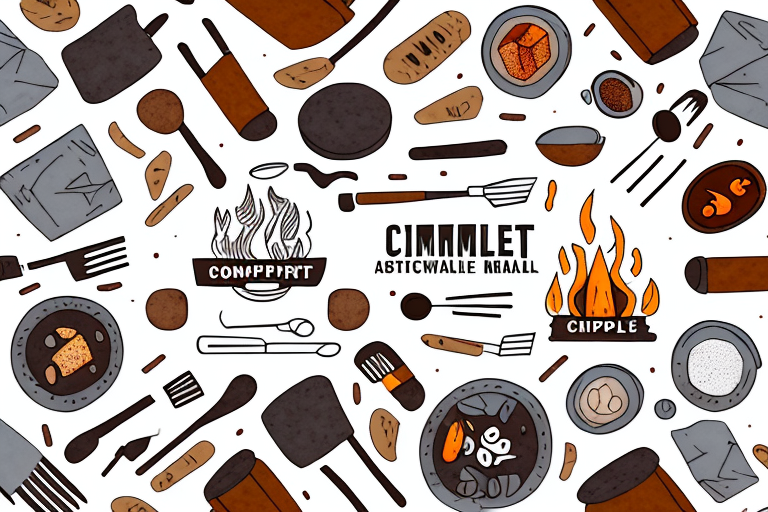A campfire surrounded by ingredients and utensils for a no-cook camping meal