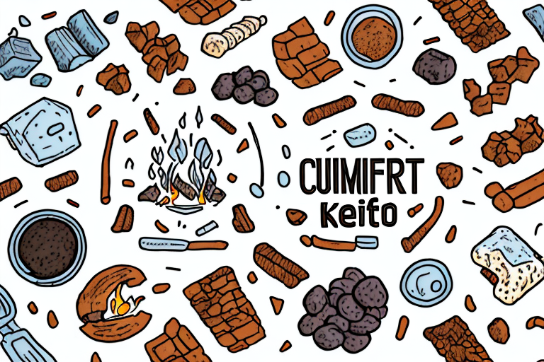 A campfire surrounded by a variety of keto-friendly ingredients and snacks