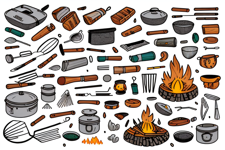A campfire with a variety of camping cooking utensils and ingredients around it