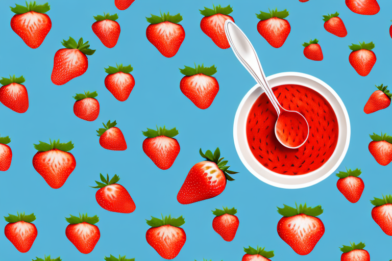 A bowl of freshly cut strawberries with a spoon stirring a sauce of blended strawberries