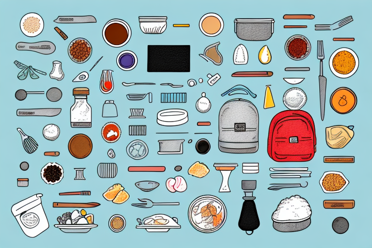 A backpack filled with various ingredients and utensils for making no-cook backpacking meals