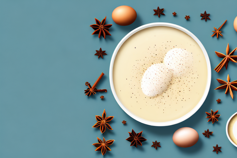 A bowl of eggnog with festive spices and ingredients
