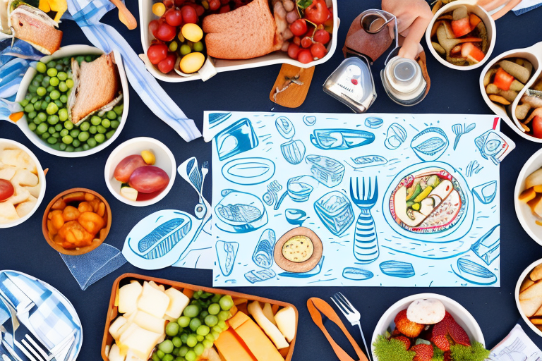 A picnic table with a variety of no-cook camping lunch items arranged on top