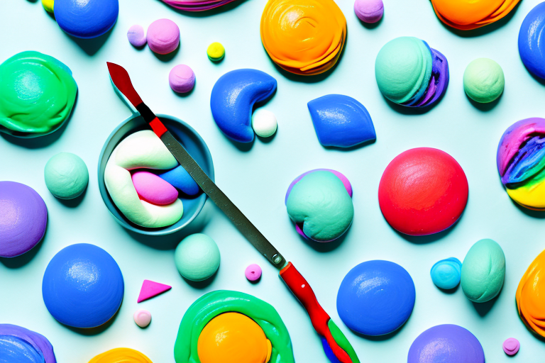 A bowl of colorful playdough with a rolling pin and other tools for creating shapes