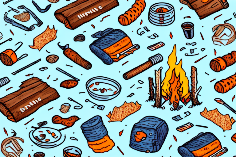 A campfire with a variety of camping-friendly food items around it