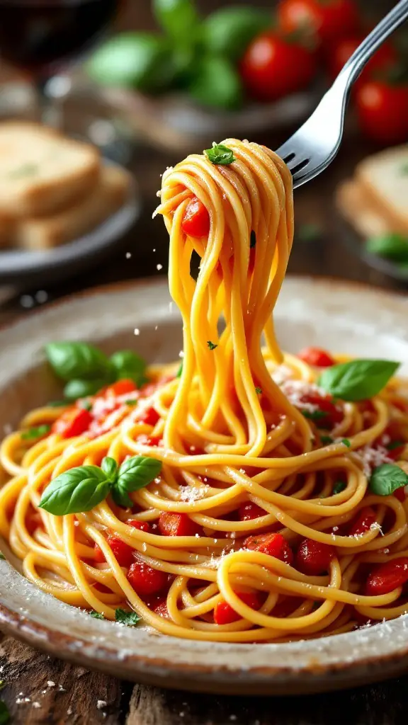 A bowl of spaghetti with fresh tomato and basil sauce, garnished with basil and Parmesan cheese, on a rustic table.