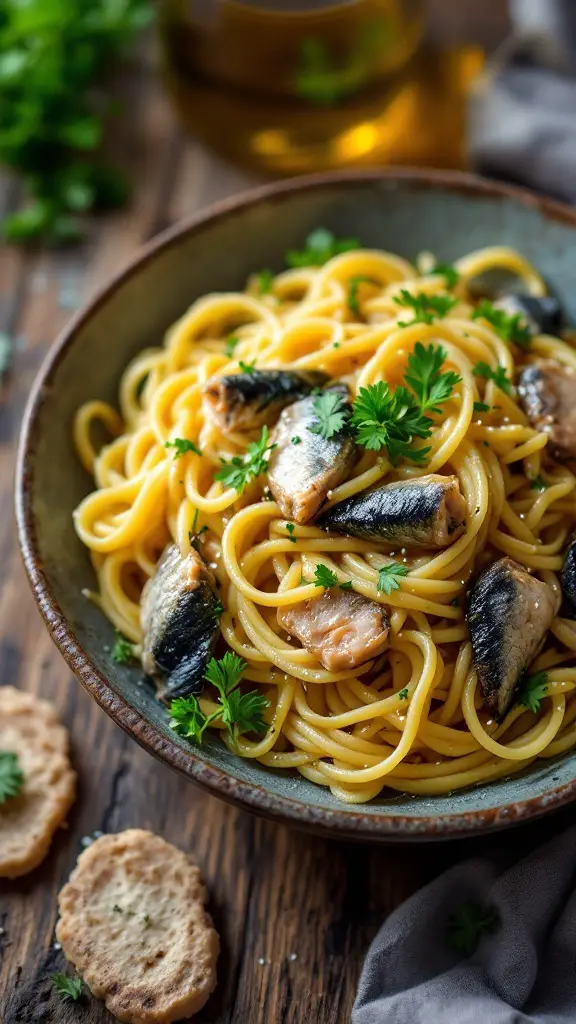 A serving of Bucatini pasta with sardines and wild fennel, garnished with parsley on a rustic wooden table.