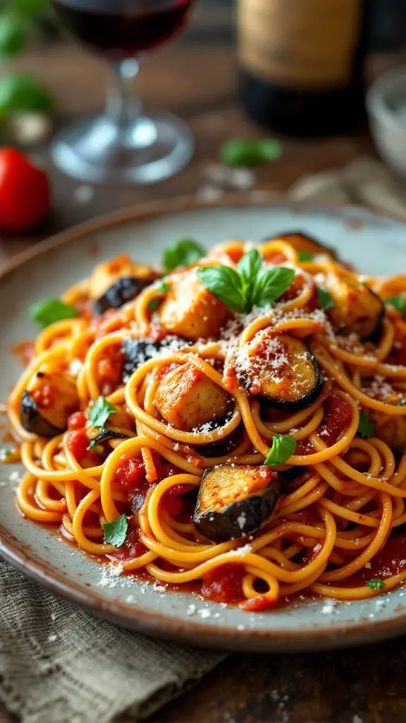 A plate of spaghetti with eggplant in tomato sauce, garnished with basil and Parmesan cheese.